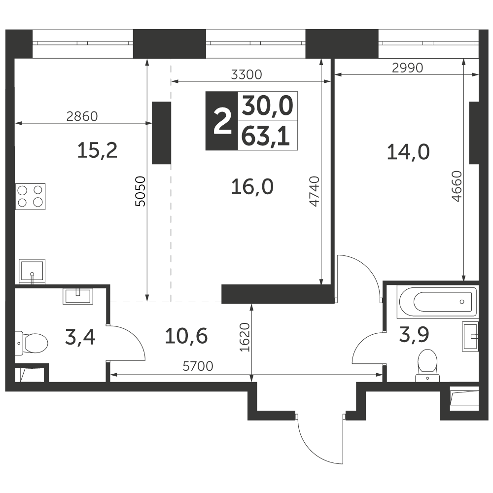 2-комнатная квартира №1021, 63,1 м² за 27,11 млн руб. в ЖК «Архитектор» - планировка