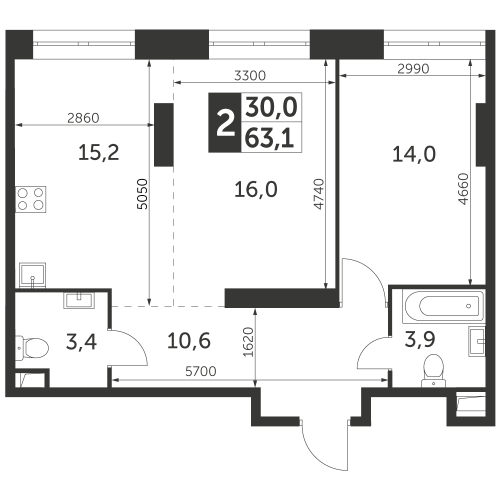 2-комнатная, квартира, 63.1 м²