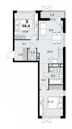 3-комнатная, 58.6 м²