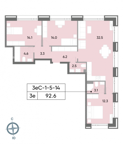 3-комнатная, квартира, 92.6 м²