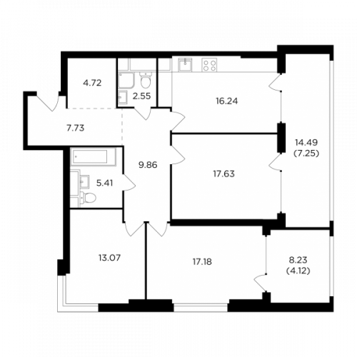 3-комнатная, 105.76 м²