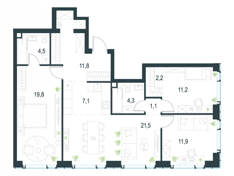 4-комнатные апартаменты №160, 95,4 м² за 47,62 млн руб. в ЖК «Level Мичуринский» - планировка