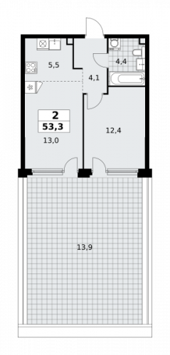 2-комнатная, 53.3 м²