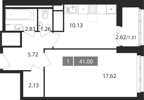 1-комнатная, квартира, 41 м²