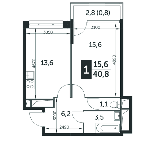 1-комнатная, квартира, 41.2 м²