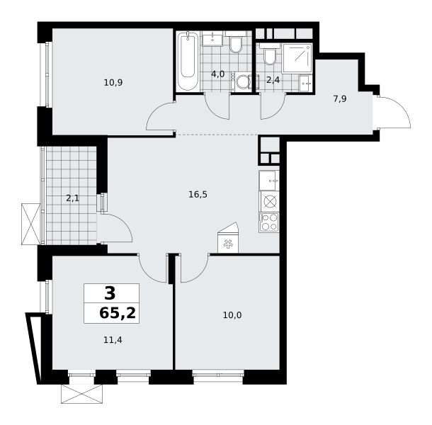 3-комнатная квартира №58К-7.1.3-481, 65,2 м² за 18,90 млн руб. в ЖК «Прокшино» - планировка