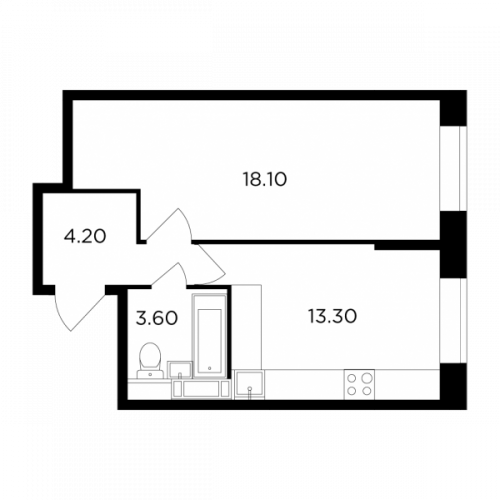 1-комнатная, 39.2 м²