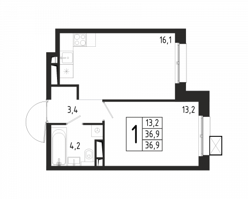1-комнатная, квартира, 36.9 м²