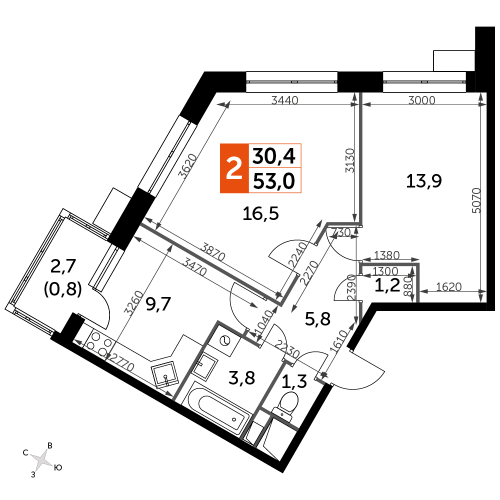 2-комнатная, 53 м²