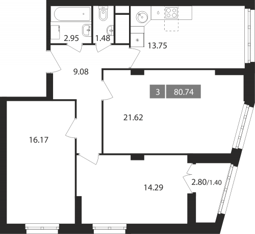 3-комнатная, квартира, 80.74 м²