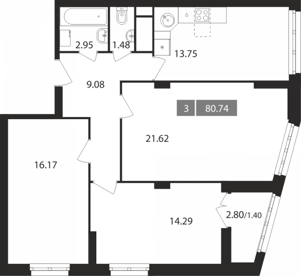 3 комнаты до 80.74