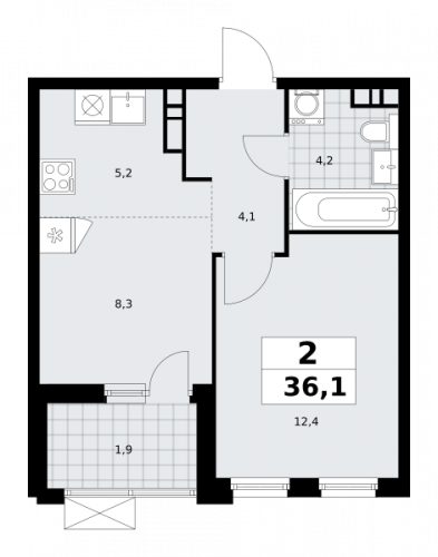 2-комнатная, 36.1 м²