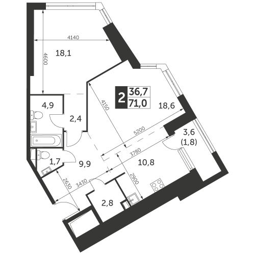 2-комнатная, квартира, 71 м²