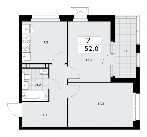2-комнатная, 52 м²