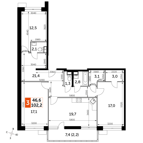 3-комнатная, 102.2 м²