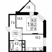 1-комнатная квартира 37,8 м²