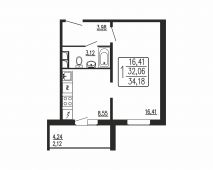 1-комнатная квартира 34,18 м²