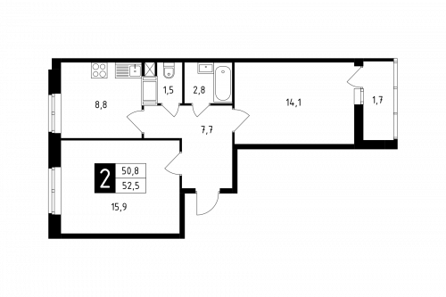 2-комнатная, квартира, 52.5 м²