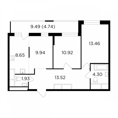 3-комнатная, 67.31 м²