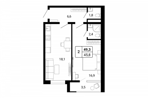 2-комнатная, 45.8 м²