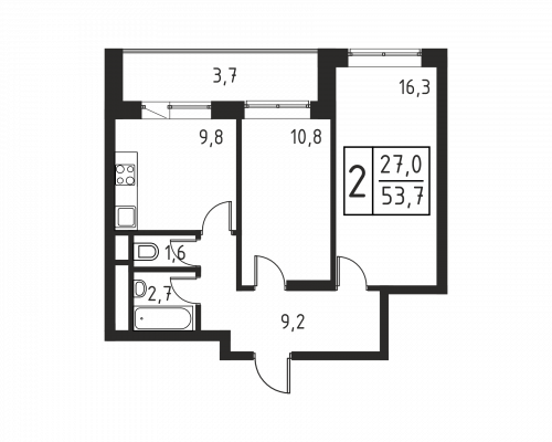 2-комнатная, квартира, 54.1 м²