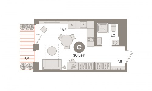 Студия, 30.52 м²