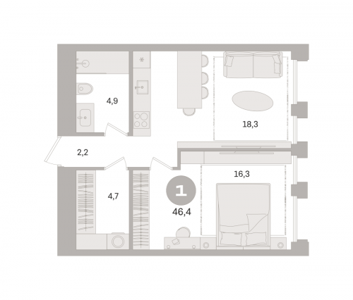 1-комнатная, квартира, 46.4 м²