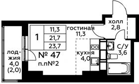 1-комнатная квартира 23,7 м²