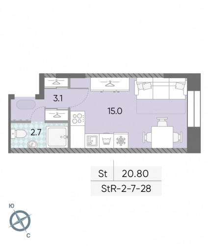 Студия, 20.8 м²