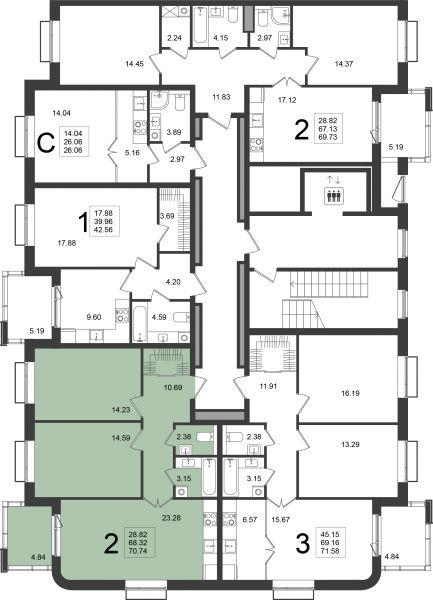 2 комнаты до 70.74
