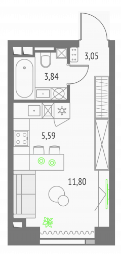 Студия, 24.28 м²