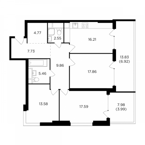 3-комнатная, 106.52 м²