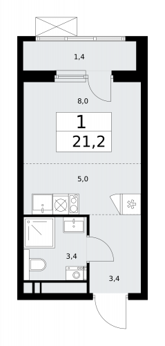 1-комнатная, 21.2 м²