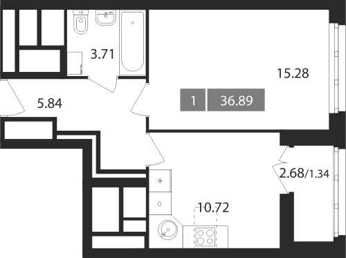 1-комнатная, квартира, 36.89 м²