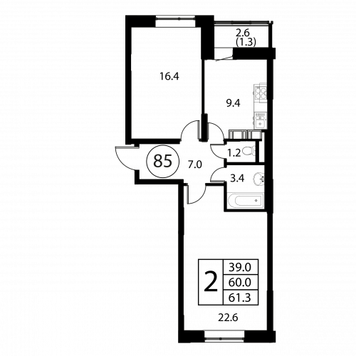2-комнатная, квартира, 61.3 м²