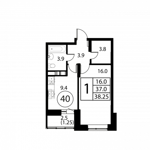 1-комнатная, квартира, 38.25 м²