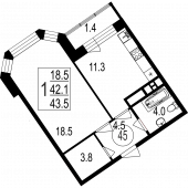 1-комнатная квартира 43,5 м²