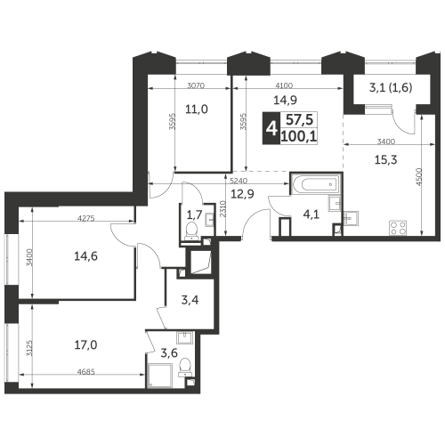 Многокомнатная, квартира, 100.1 м²