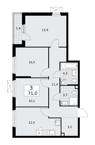 3-комнатная, 71 м²