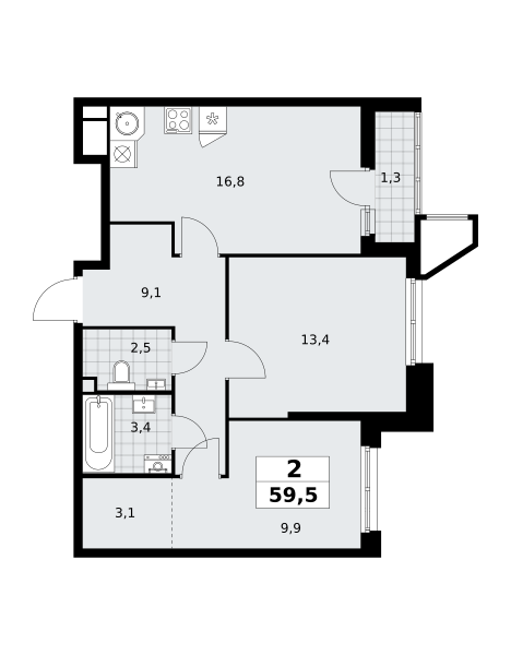 2 комнаты до 59.5