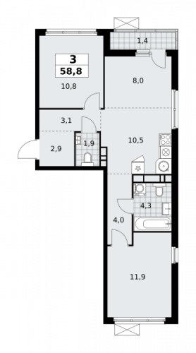 3-комнатная, 58.8 м²