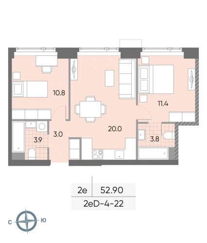 2-комнатная, квартира, 52.9 м²