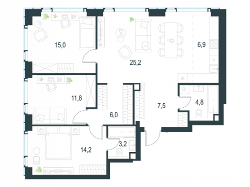 Многокомнатная, 94.6 м²