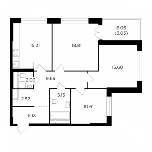 3-комнатная, 87.79 м²