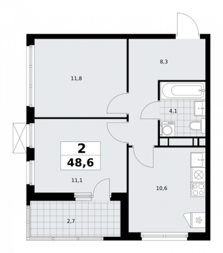 2-комнатная, 48.6 м²