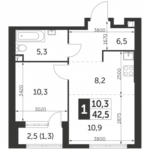 1-комнатная, квартира, 42.5 м²