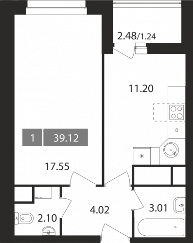 1-комнатная, квартира, 39.12 м²