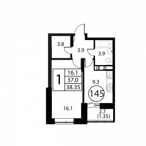 1-комнатная, квартира, 38.35 м²