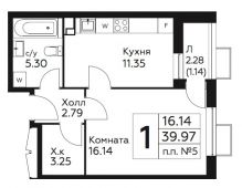 1-комнатная квартира 39,97 м²