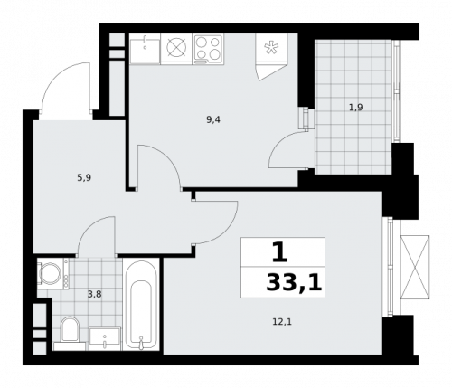 1-комнатная, 33.1 м²